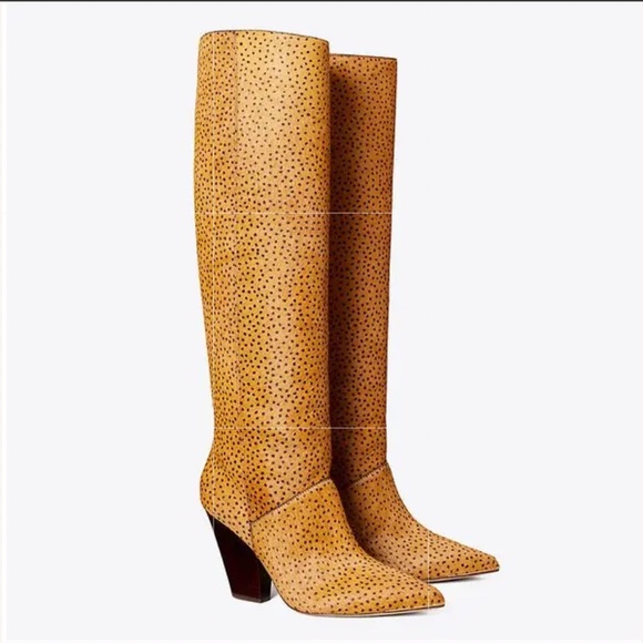 TORY BURCH LILA KNEE BOOT IN EQUESTRIAN BROWN PRINTED HAIRCALF SIZE 9 - Picture 2 of 7